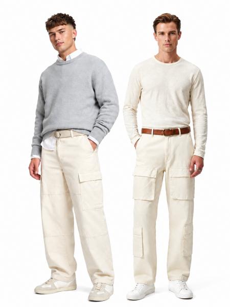 Stylish men's cotton cargo jeans – baggy or regular fit casual pants with 2 or 4 cargo pockets; white/beige/ecru