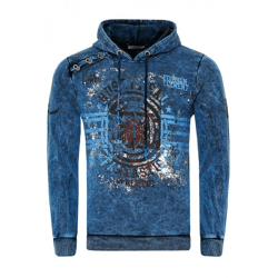 Markanter Herren Kapuzen-Pullover Oil-Washed Hoodie mit Vintage-Prints und Knopf-Detail Sweater 19130 Marine