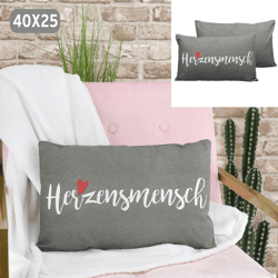 Kissen Herzensmensch, Leinenoptik, grau, 40x25cm