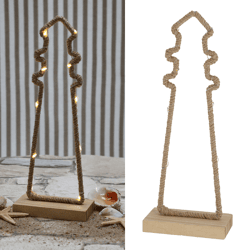 LED Jute Leuchtturm auf Holzsockel, S, ca.27cmH