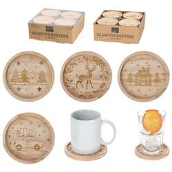 Glasuntersetzer XMAS Holz, 4/s, ca.11,5cmD
