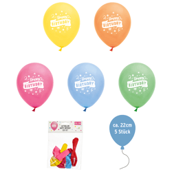 Luftballons Happy Birthday, ca. 22cm , 5er Pack, bunt